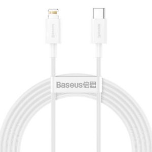 USB Type-C töltő- és adatkábel, Lightning, 200 cm, 20W, törésgátlóval, gyorstöltés, PD, Baseus Superior, CATLYS-C02, fehér