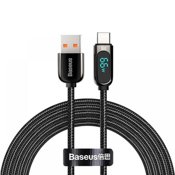 USB töltő- és adatkábel, USB Type-C, 100 cm, 6000 mA, 66W, LED kijelzővel, gyorstöltés, PD, cipőfűző minta, Baseus Display, CASX020001, fekete