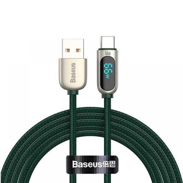 USB töltő- és adatkábel, USB Type-C, 200 cm, 6000 mA, 66W, LED kijelzővel, gyorstöltés, PD, cipőfűző minta, Baseus Display, CASX020106, zöld