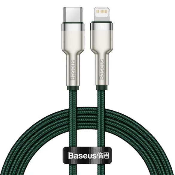 USB Type-C töltő- és adatkábel, Lightning, 100 cm, 20W, törésgátlóval, gyorstöltés, PD, cipőfűző minta, Baseus Cafule Metal, CATLJK-A06, zöld