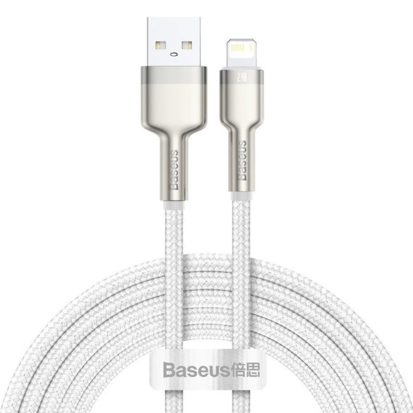 USB töltő- és adatkábel, Lightning, 200 cm, 2400 mA, törésgátlóval, gyorstöltés, cipőfűző minta, Baseus Cafule Metal, CALJK-B02, fehér