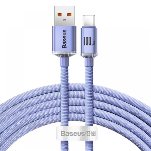 USB töltő- és adatkábel, USB Type-C, 120 cm, 5000 mA, 100W, gyorstöltés, PD, cipőfűző minta, Baseus Crystal Shine, CAJY000405, lila