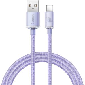 USB töltő- és adatkábel, USB Type-C, 200 cm, 5000 mA, 100W, gyorstöltés, PD, cipőfűző minta, Baseus Crystal Shine, CAJY000505, lila