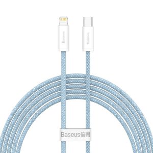 USB Type-C töltő- és adatkábel, Lightning, 200 cm, 20W, gyorstöltés, PD, cipőfűző minta, Baseus Dynamic, CALD000103, világoskék