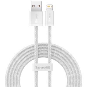 USB töltő- és adatkábel, Lightning, 200 cm, 2400 mA, gyorstöltés, cipőfűző minta, Baseus Dynamic, CALD000502, fehér