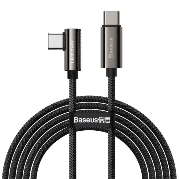 USB Type-C töltő- és adatkábel, USB Type-C, 200 cm, 5000 mA, 100W, gyorstöltés, PD, 90 fokos/derékszögű, cipőfűző minta, Baseus Legend, CATCS-A01, fekete