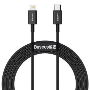 USB Type-C töltő- és adatkábel, Lightning, 200 cm, 20W, törésgátlóval, gyorstöltés, PD, Baseus Superior, CATLYS-C01, fekete