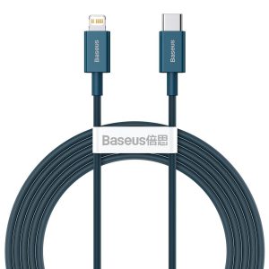 USB Type-C töltő- és adatkábel, Lightning, 200 cm, 20W, törésgátlóval, gyorstöltés, PD, Baseus Superior, CATLYS-C03, kék