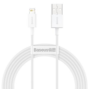 USB töltő- és adatkábel, Lightning, 200 cm, 2400 mA, törésgátlóval, gyorstöltés, PD, Baseus Superior, CALYS-C02, fehér