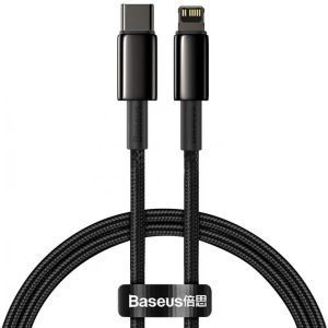 USB Type-C töltő- és adatkábel, Lightning, 200 cm, 20W, törésgátlóval, gyorstöltés, Baseus Tungsten Gold, CATLWJ-A01, fekete