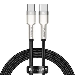 USB Type-C töltő- és adatkábel, USB Type-C, 100 cm, 5000 mA, 100W, gyorstöltés, PD, cipőfűző minta, Baseus Cafule Metal, CATJK-C01, fekete