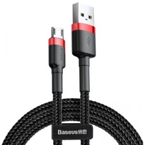 USB töltő- és adatkábel, microUSB, 300 cm, 2000 mA, törésgátlóval, cipőfűző minta, Baseus Cafule, CAMKLF-H91, fekete/piros