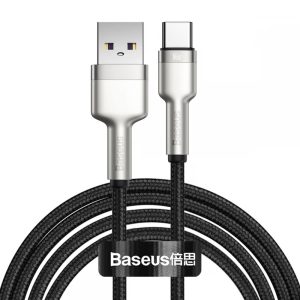 USB töltő- és adatkábel, USB Type-C, 100 cm, 6000 mA, 66W, törésgátlóval, gyorstöltés, cipőfűző minta, Baseus Cafule Metal, CAKF000101, fekete