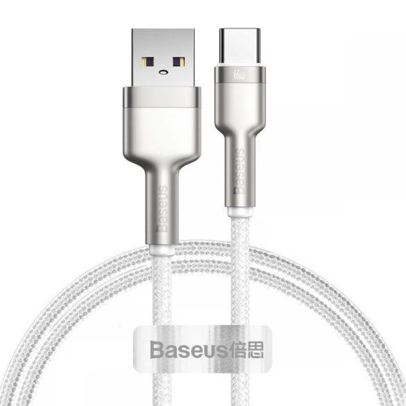 USB töltő- és adatkábel, USB Type-C, 200 cm, 6000 mA, 66W, törésgátlóval, gyorstöltés, cipőfűző minta, Baseus Cafule Metal, CAKF000202, fehér