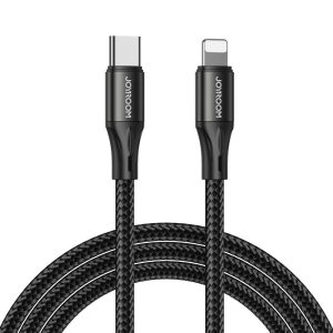 USB Type-C töltő- és adatkábel, Lightning, 200 cm, 2400 mA, 20W, törésgátlóval, gyorstöltés, PD, cipőfűző minta, Joyroom S-2024N1-PD, fekete