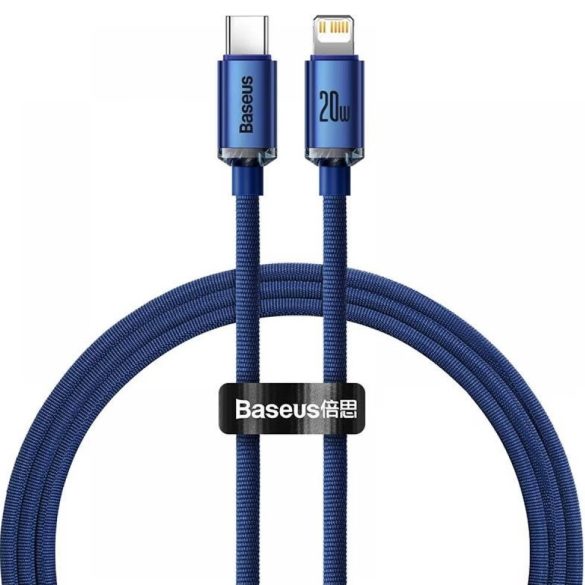 USB Type-C töltő- és adatkábel, Lightning, 120 cm, 20W, gyorstöltés, PD, cipőfűző minta, Baseus Crystal Shine, CAJY000203, kék
