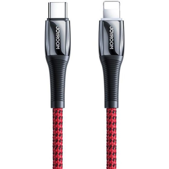 USB Type-C töltő- és adatkábel, Lightning, 120 cm, 2400 mA, 20W, törésgátlóval, gyorstöltés, PD, cipőfűző minta, Joyroom K2, S-1224K2, piros