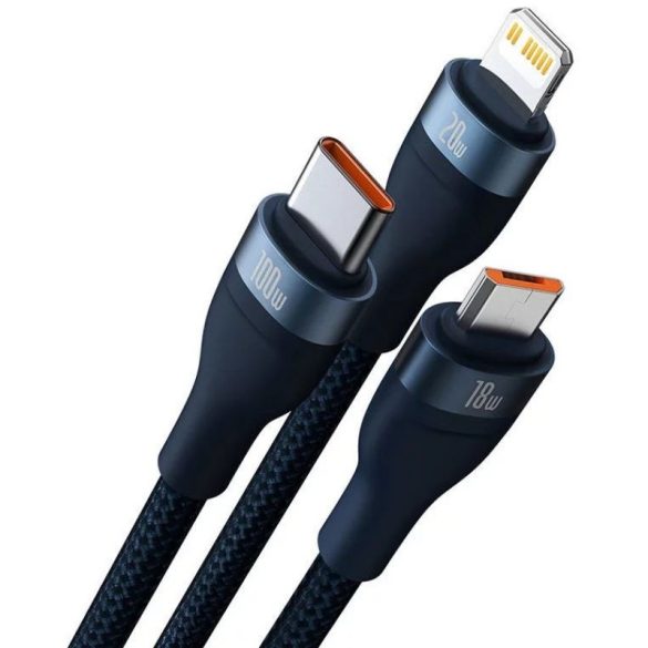 USB / USB Type-C töltő- és adatkábel 3in1, USB Type-C, Lightning, microUSB, 120 cm, 100W, törésgátlóval, gyorstöltés, PD, QC, cipőfűző minta, Baseus Flash Series 2, CASS030103, sötétkék