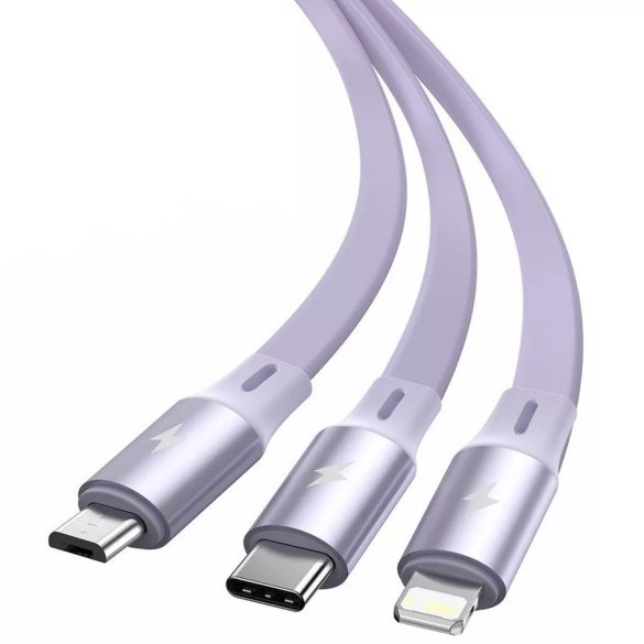USB töltő- és adatkábel 3in1, USB Type-C, Lightning, microUSB, 120 cm, 3500 mA, gyorstöltés, lapos, feltekerhető, Baseus Bright Mirror, CAMLT-MJ05, lila
