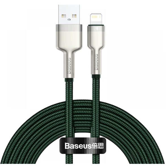 USB töltő- és adatkábel, Lightning, 200 cm, 2400 mA, törésgátlóval, gyorstöltés, cipőfűző minta, Baseus Cafule Metal, CALJK-B06, sötétzöld