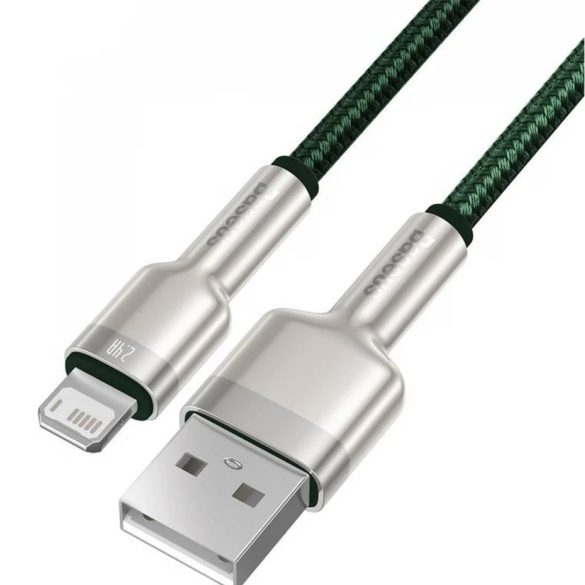 USB töltő- és adatkábel, Lightning, 200 cm, 2400 mA, törésgátlóval, gyorstöltés, cipőfűző minta, Baseus Cafule Metal, CALJK-B06, sötétzöld