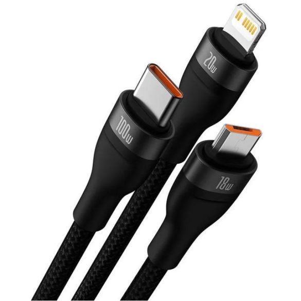 USB Type-C töltőkábel 3in1, USB Type-C, Lightning, microUSB, 150 cm, 100W, törésgátlóval, gyorstöltés, PD, QC, cipőfűző minta, Baseus Flash Series 2, CASS030201, fekete