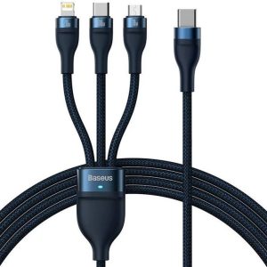 USB Type-C töltő- és adatkábel 3in1, USB Type-C, Lightning, microUSB, 150 cm, 100W, törésgátlóval, gyorstöltés, PD, QC, cipőfűző minta, Baseus Flash Series 2, CASS030203, sötétkék