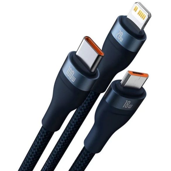 USB Type-C töltő- és adatkábel 3in1, USB Type-C, Lightning, microUSB, 150 cm, 100W, törésgátlóval, gyorstöltés, PD, QC, cipőfűző minta, Baseus Flash Series 2, CASS030203, sötétkék