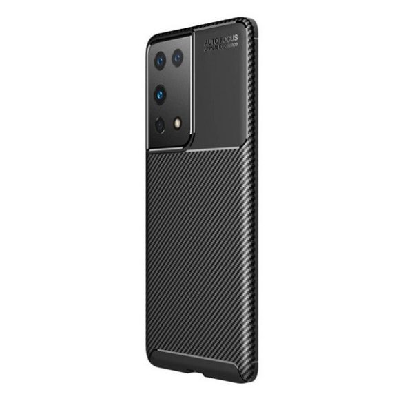 Samsung Galaxy S21 Ultra 5G SM-G998, Szilikon tok, közepesen ütésálló, légpárnás sarok, karbon minta, fekete