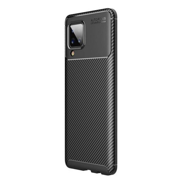 Samsung Galaxy A12 / A12 Nacho / M12 SM-A125F / A127F / M127F, Szilikon tok, közepesen ütésálló, légpárnás sarok, karbon minta, fekete