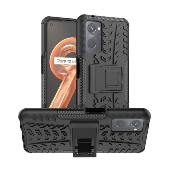 Realme 9i / Oppo A36 / A76 / A96 4G, Műanyag hátlap védőtok, Defender, kitámasztóval és szilikon belsővel, autógumi minta, fekete