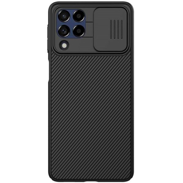 Samsung Galaxy M53 5G SM-M536B, Műanyag hátlap védőtok, közepesen ütésálló, kamera védelem, csíkos minta, Nillkin CamShield, fekete