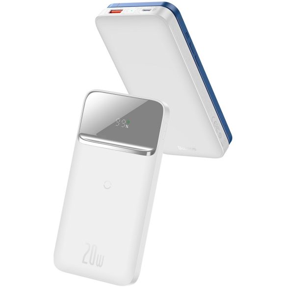 Külső akkumulátor, 10000 mAh, 20W, Telefonhoz és TabletPC-hez, USB aljzat, USB Type-C aljzat, LED kijelző, Magsafe kompatibilis töltővel, gyorstöltés, Baseus Magnetic, PPCX010102, fehér