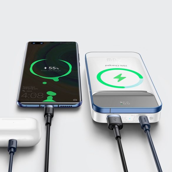 Külső akkumulátor, 10000 mAh, 20W, Telefonhoz és TabletPC-hez, USB aljzat, USB Type-C aljzat, LED kijelző, Magsafe kompatibilis töltővel, gyorstöltés, Baseus Magnetic, PPCX010102, fehér