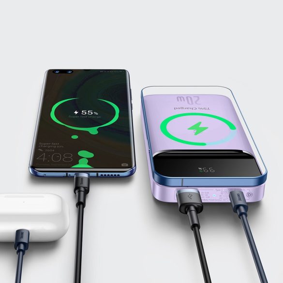 Külső akkumulátor, 10000 mAh, 20W, Telefonhoz és TabletPC-hez, USB aljzat, USB Type-C aljzat, LED kijelző, Magsafe kompatibilis töltővel, gyorstöltés, Baseus Magnetic, PPCX010105, lila