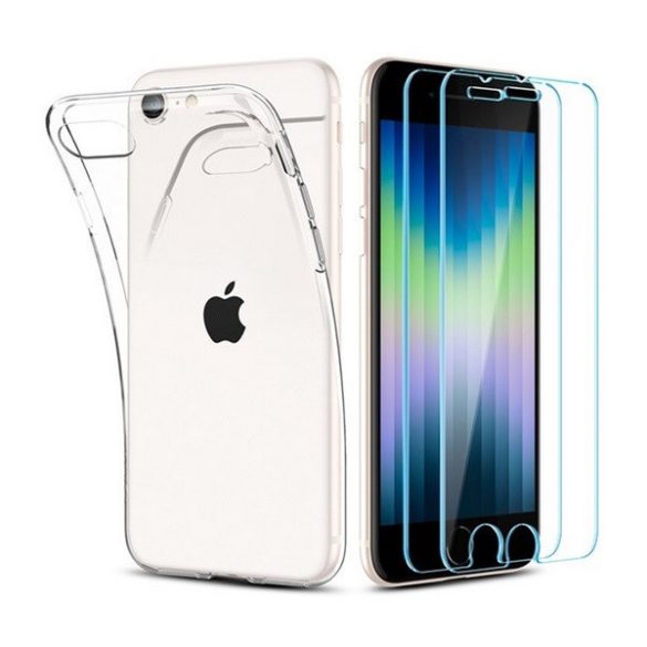 Apple iPhone 7 / 8 / SE (2020) / SE (2022), Szilikon tok + Tempered Glass (edzett üveg) - 2db, Spigen Crystal Pack, átlátszó