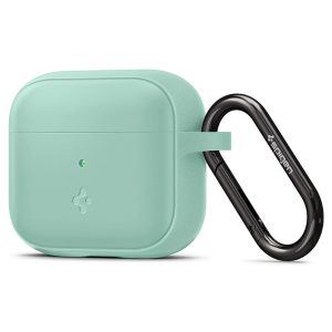 Bluetooth fülhallgató töltőtok tartó, szilikon, vezeték nélküli töltés támogatás, karabiner, Apple AirPods 3 kompatibilis, Spigen Silicone Fit, világoszöld