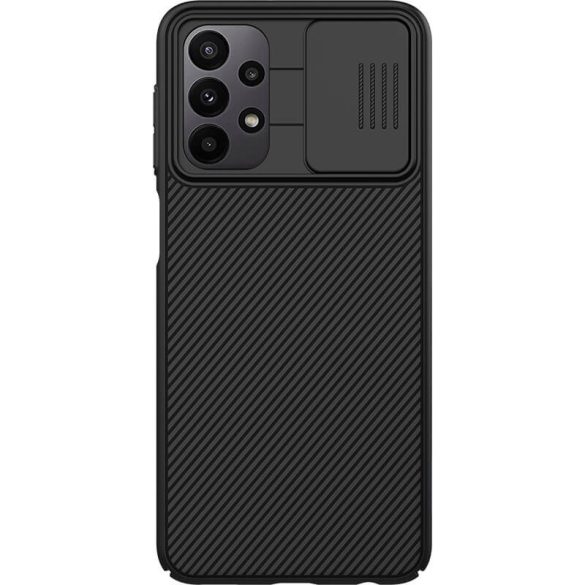 Samsung Galaxy A23 4G / A23 5G SM-A235F / A236U, Műanyag hátlap védőtok, közepesen ütésálló, kamera védelem, csíkos minta, Nillkin CamShield, fekete