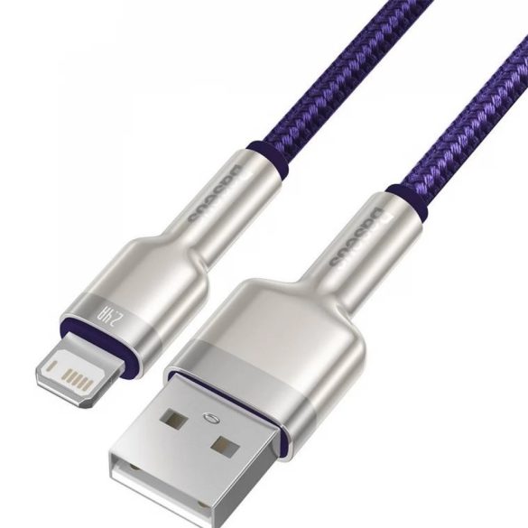 USB töltő- és adatkábel, Lightning, 200 cm, 2400 mA, törésgátlóval, gyorstöltés, cipőfűző minta, Baseus Cafule Metal, CALJK-B05, lila