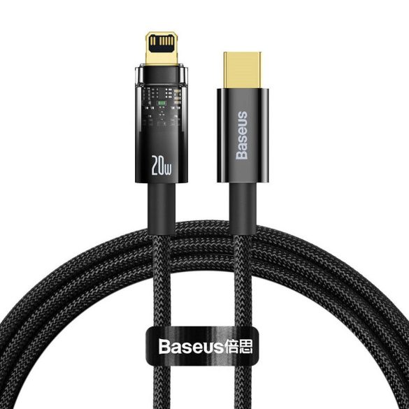 USB Type-C töltő- és adatkábel, Lightning, 100 cm, 2400 mA, 20W, gyorstöltés, cipőfűző minta, Baseus Explorer, CATS000001, fekete