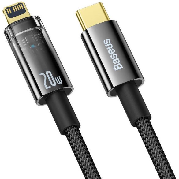 USB Type-C töltő- és adatkábel, Lightning, 100 cm, 2400 mA, 20W, gyorstöltés, cipőfűző minta, Baseus Explorer, CATS000001, fekete