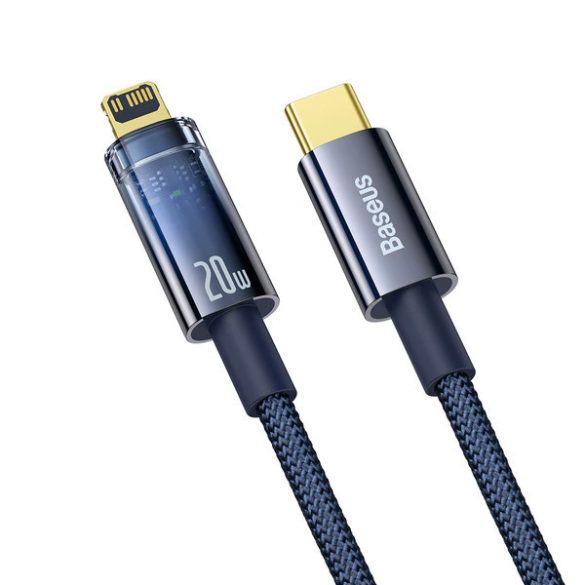 USB Type-C töltő- és adatkábel, Lightning, 100 cm, 2400 mA, 20W, gyorstöltés, cipőfűző minta, Baseus Explorer, CATS000003, sötétkék