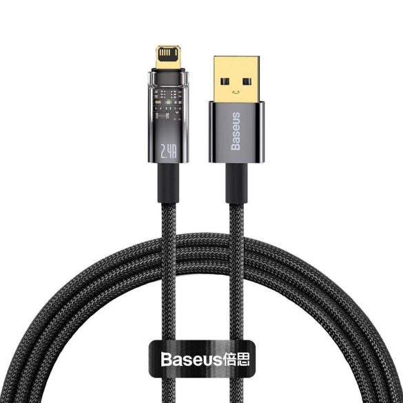 USB töltő- és adatkábel, Lightning, 100 cm, 2400 mA, gyorstöltés, cipőfűző minta, Baseus Explorer, CATS000401, fekete