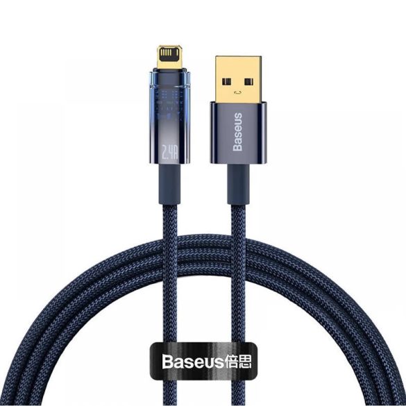 USB töltő- és adatkábel, Lightning, 100 cm, 2400 mA, gyorstöltés, cipőfűző minta, Baseus Explorer, CATS000403, sötétkék