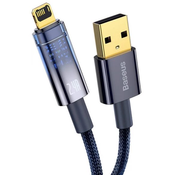 USB töltő- és adatkábel, Lightning, 100 cm, 2400 mA, gyorstöltés, cipőfűző minta, Baseus Explorer, CATS000403, sötétkék