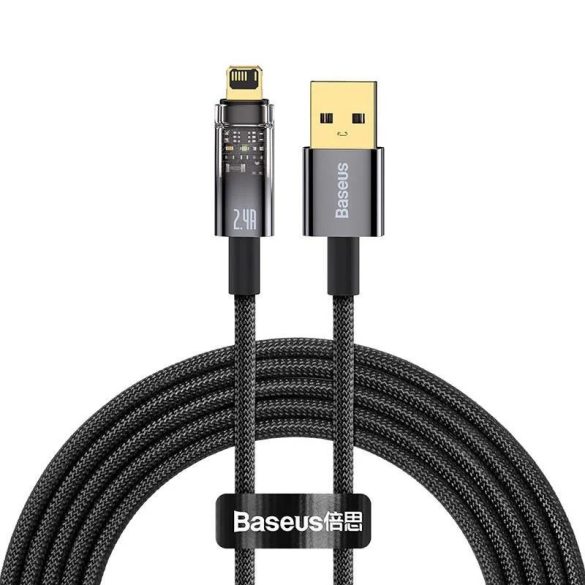 USB töltő- és adatkábel, Lightning, 200 cm, 2400 mA, gyorstöltés, cipőfűző minta, Baseus Explorer, CATS000501, fekete