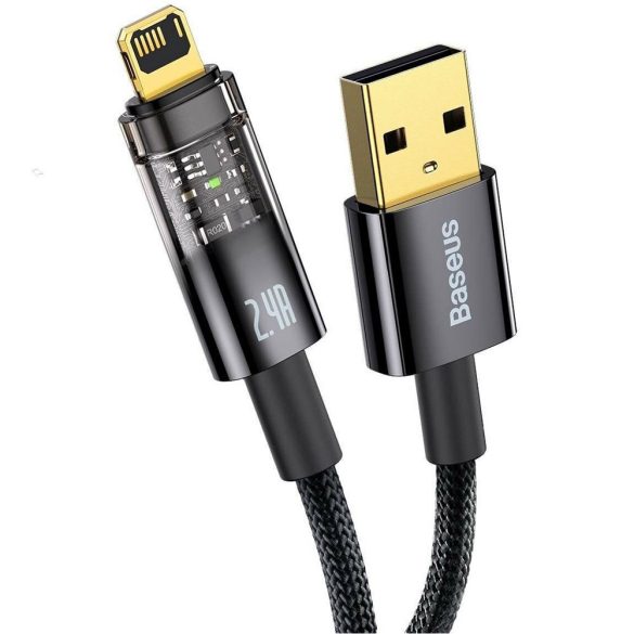 USB töltő- és adatkábel, Lightning, 200 cm, 2400 mA, gyorstöltés, cipőfűző minta, Baseus Explorer, CATS000501, fekete