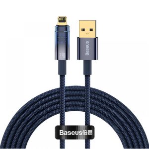 USB töltő- és adatkábel, Lightning, 200 cm, 2400 mA, gyorstöltés, cipőfűző minta, Baseus Explorer, CATS000503, sötétkék