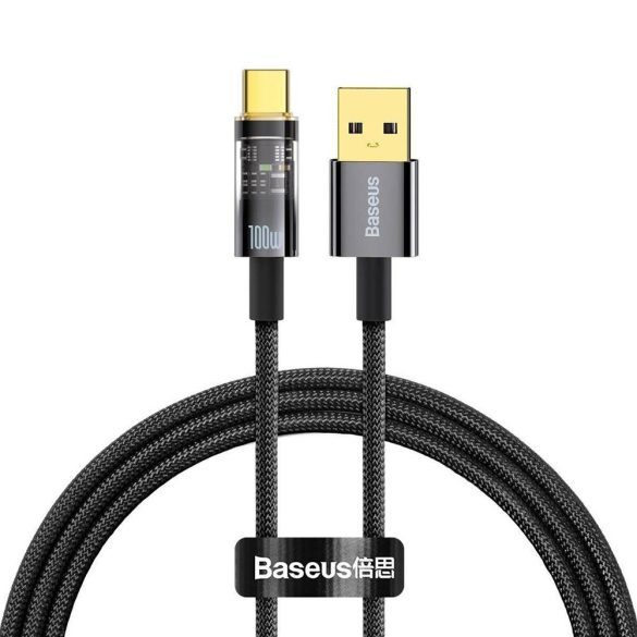 USB töltő- és adatkábel, USB Type-C, 100 cm, 6000 mA, 100W, gyorstöltés, cipőfűző minta, Baseus Explorer, CATS000201, fekete