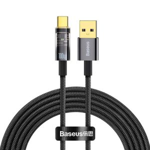 USB töltő- és adatkábel, USB Type-C, 200 cm, 6000 mA, 100W, gyorstöltés, cipőfűző minta, Baseus Explorer, CATS000301, fekete